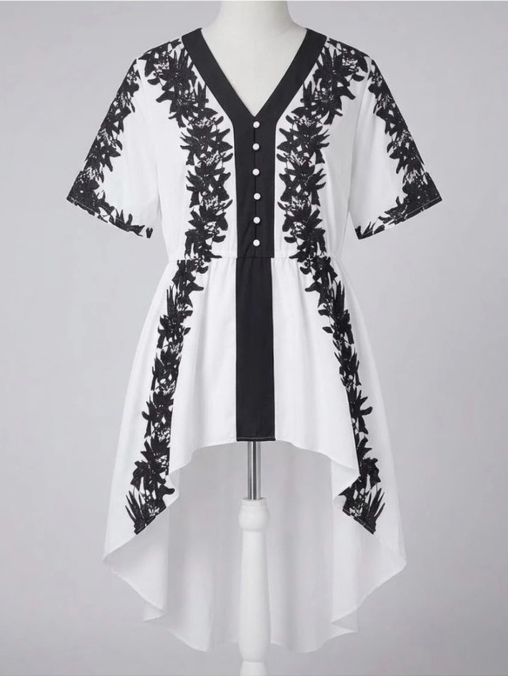 V-Neck Black & White Embroidered High-Low Dress
